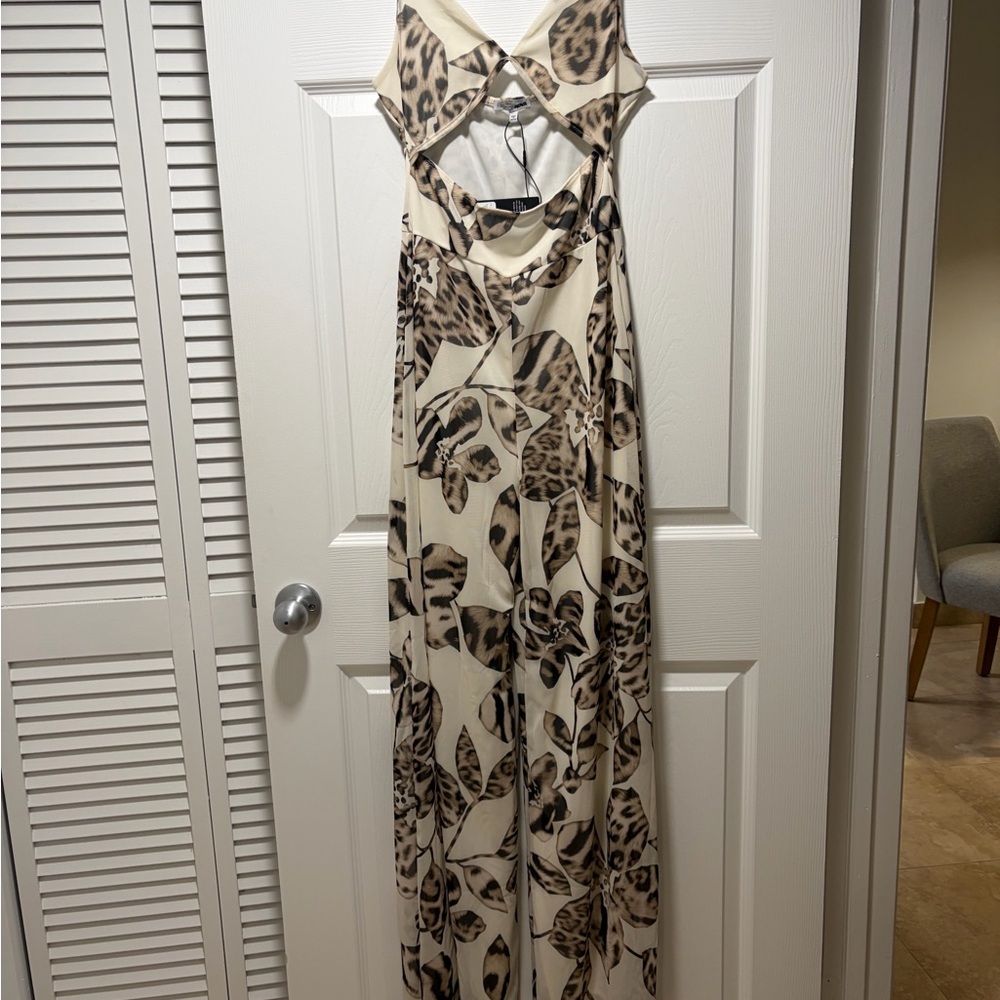 Elegant Cream and Brown Leaf Print Maxi jumpsuit